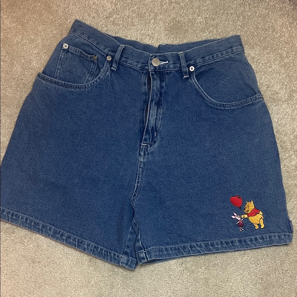 Vintage Disney Denim Shorts with Embroidered Pooh and Piglet
